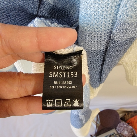 POL Blue White Striped Long Duster Cardigan Sz L Pocket Cottagecore Relaxed Fit - Picture 10 of 12